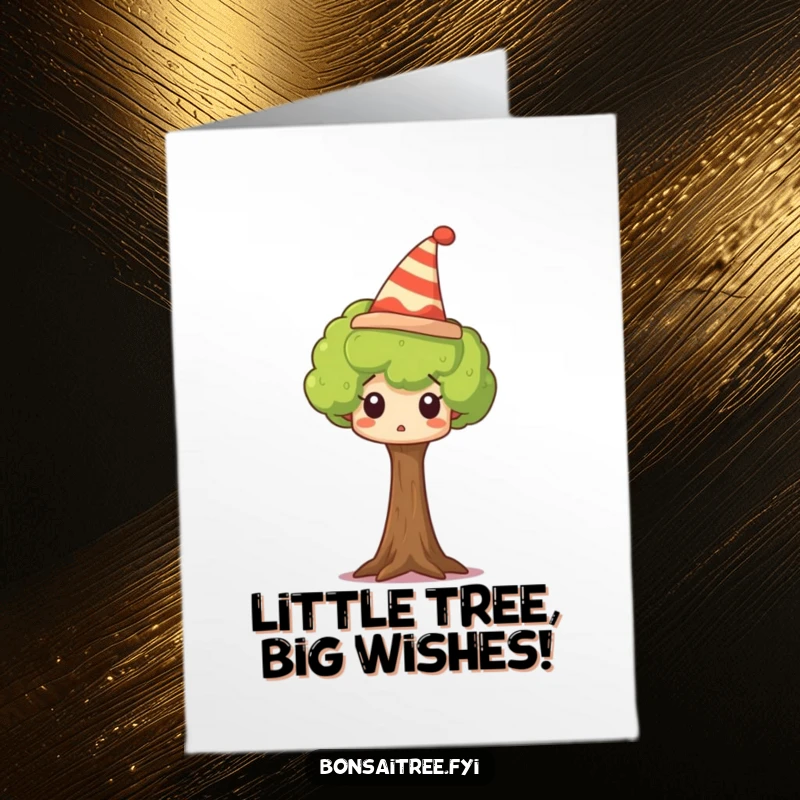 Funny free printable birthday card: A tiny tree wearing a ridiculously silly hat, its face expressing comical surprise and birthday cheer.