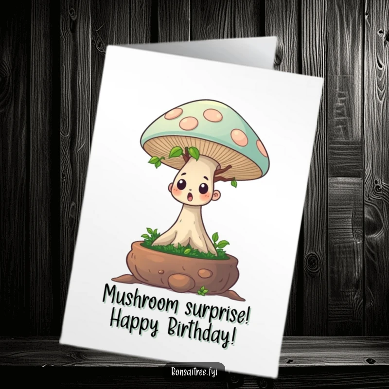 Funny Free Printable Birthday Card: Surprised bonsai tree sprouts a giant mushroom, perfect for a quirky and unexpected greeting.