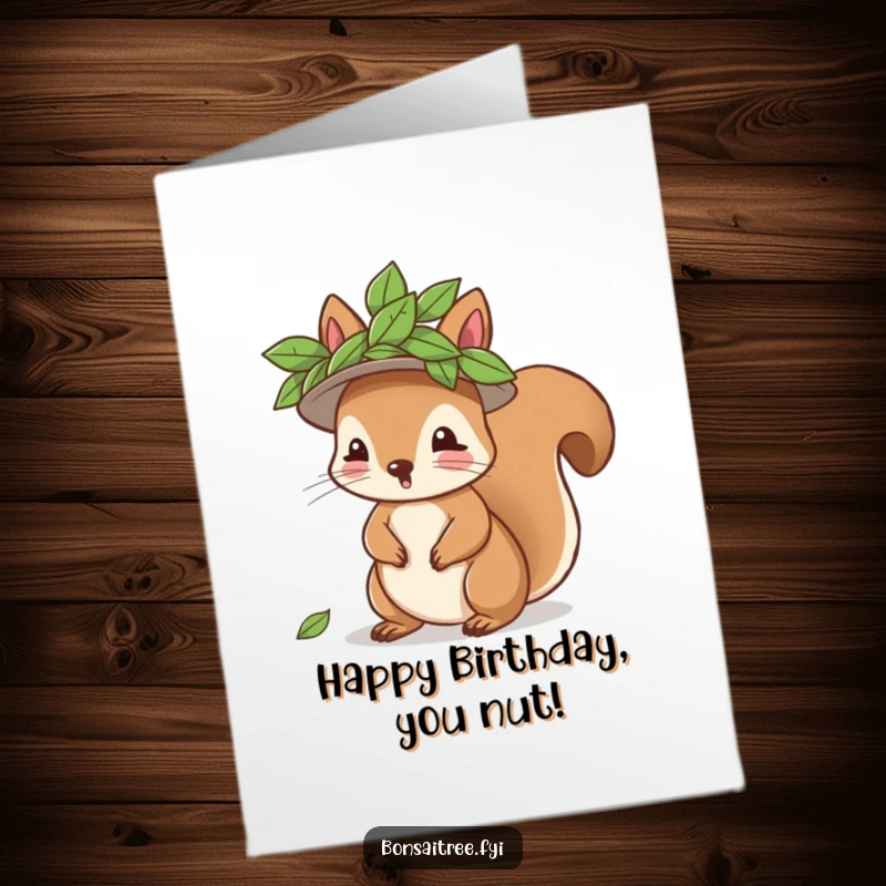 Funny Free Printable playful squirrel attempting to wear a leaf hat on a birthday card.