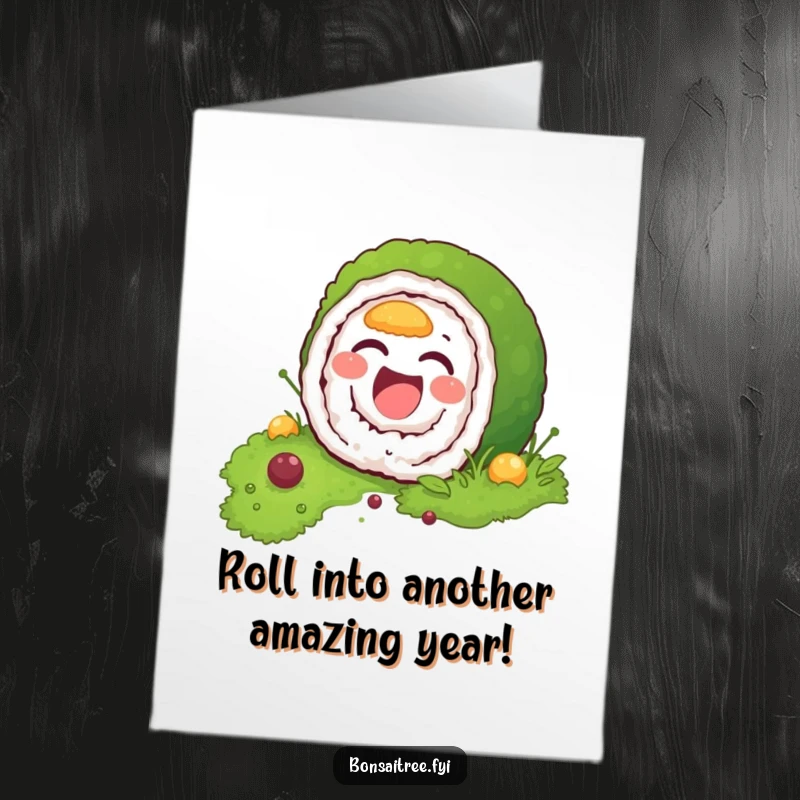 Funny Free Printable Birthday Card: A laughing sushi roll character attempting to camouflage itself amongst green moss patches, looking mischievous.