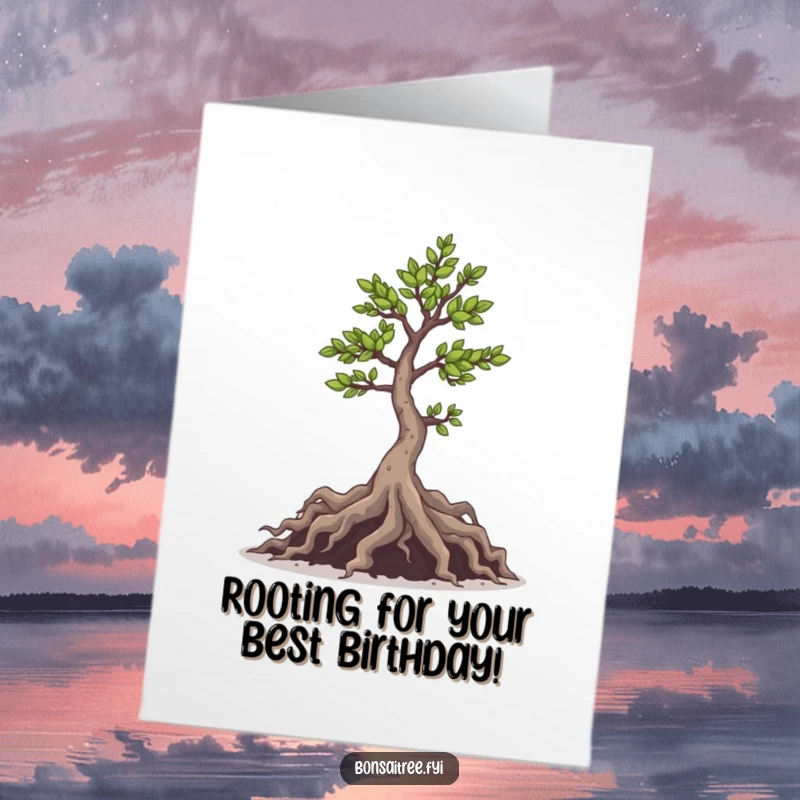 Funny Free Printable Birthday Card featuring a mischievous bonsai tree with playful roots peeking out, ready for fun.