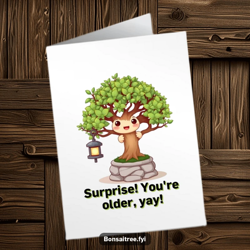 Funny Free Printable Birthday Card: A cheerful bonsai plays peek-a-boo behind a tiny stone lantern, wishing happy birthday.