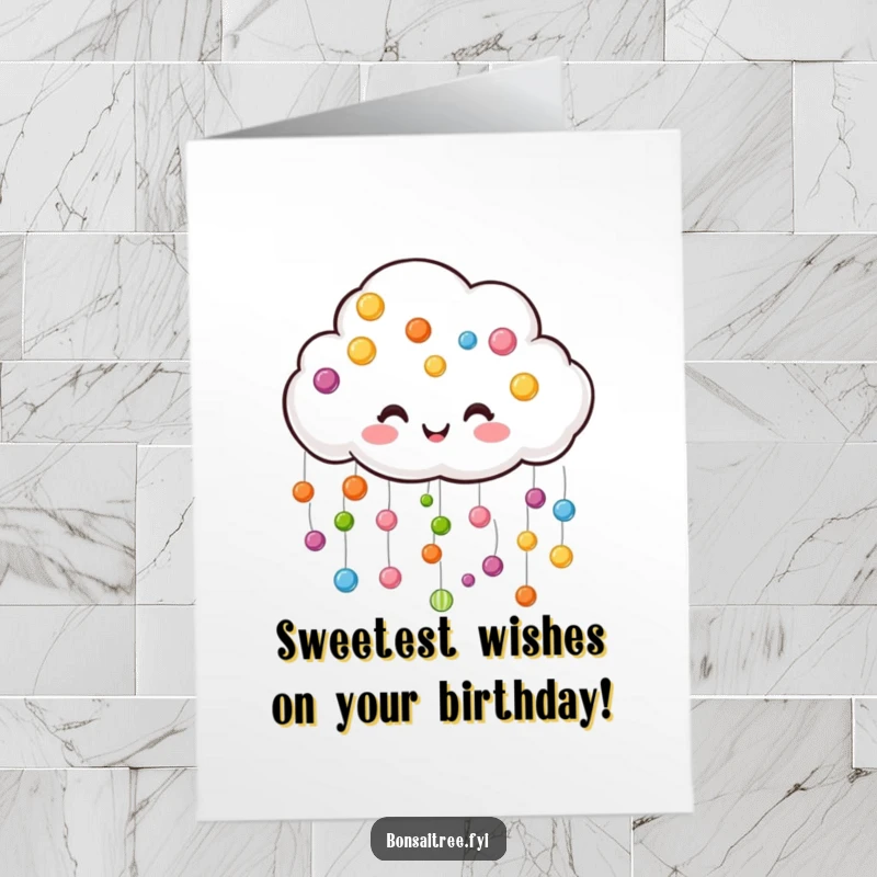 Funny Free Printable Birthday Card: A happy cloud raining a delightful shower of colorful candy drops.