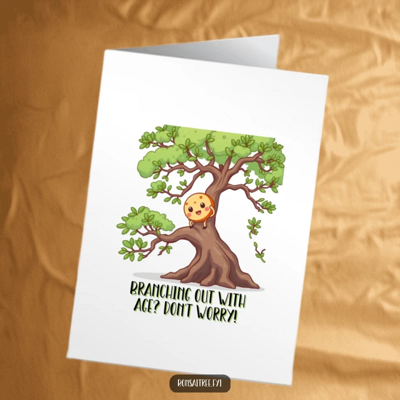Funny Free Printable Birthday Card: Mischievous cookie character with googly eyes scaling a thick bonsai branch, ready to spring.