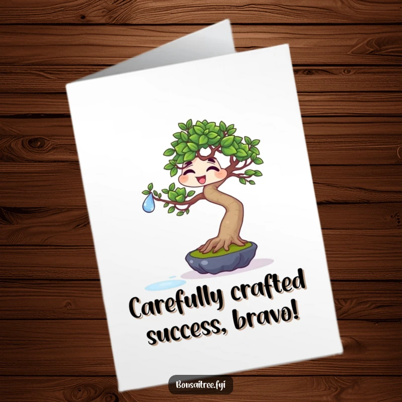 Funny Free Printable Congrats Card: Giggling bonsai character attempts to balance a water droplet on a leaf, symbolizing precarious success.