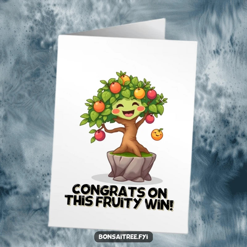 Funny Free Printable Congratulations Card: A happy bonsai tree character gleefully bouncing a colorful fruit, celebrating success.