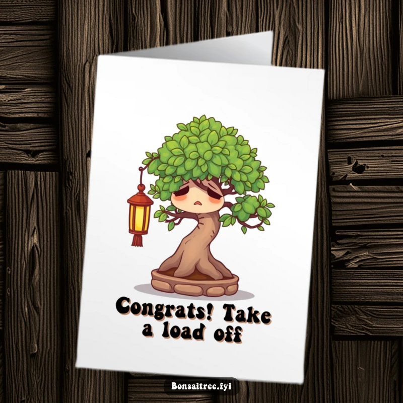 Funny Free Printable Congratulations Card: A weary bonsai tree character resting contentedly under a small lantern, conveying peaceful success.