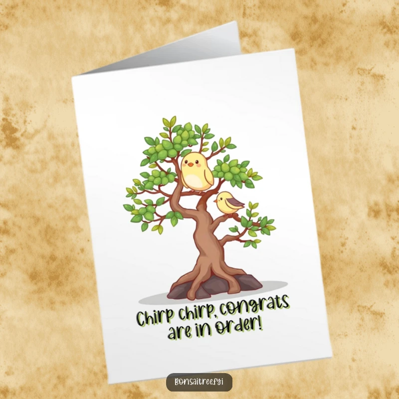 Funny Free Printable Congratulations Card featuring a happy bonsai tree with a friendly bird, symbolizing success and joy.