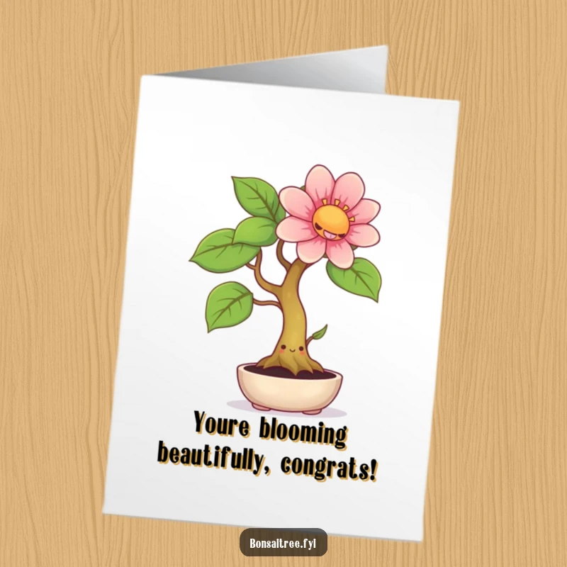 Funny Free Printable Congratulations Card: A grinning bonsai tree proudly displays a huge, colorful flower, celebrating your success.