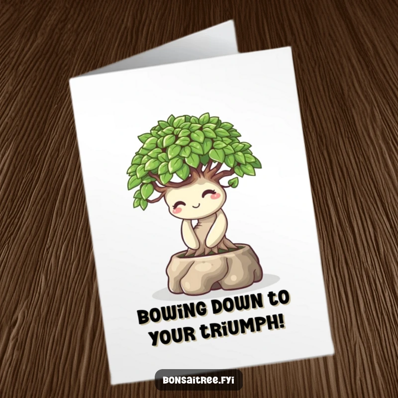 Funny Free Printable Congratulations Card: A bonsai tree character bowing playfully with a warm, congratulatory smile.