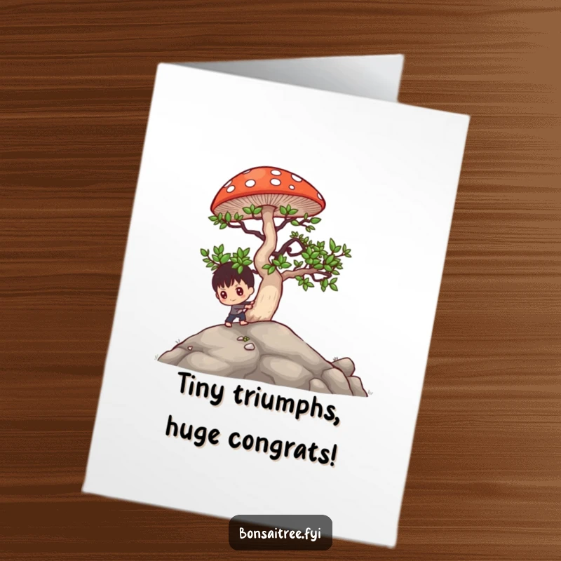 Funny Free Printable Congrats Card: Determined bonsai character pushing a huge mushroom, symbolizing overcoming challenges, a great gift.