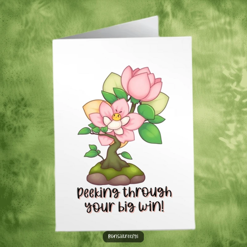 Funny Free Printable Congrats Card: Shy bonsai character peeking from behind a flower, offering subtle congratulations with charm.