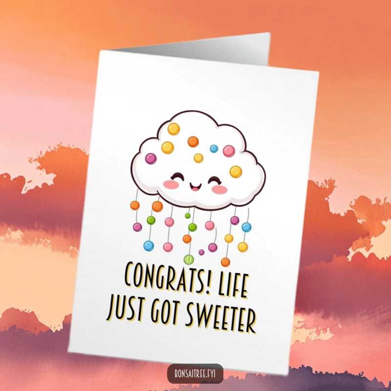 Funny Free Printable Congratulations Card: A cloud character showering colorful candy drops to celebrate.