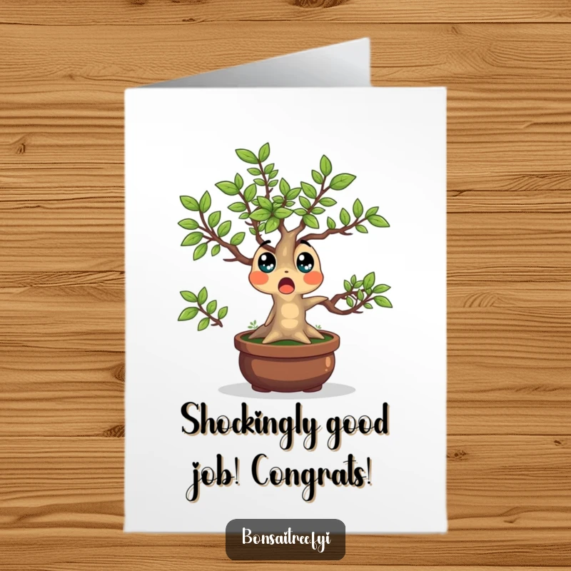 Funny Free Printable Congratulations Card: a surprised bonsai tree character with leaves popping outwards, reacting to amazing news.