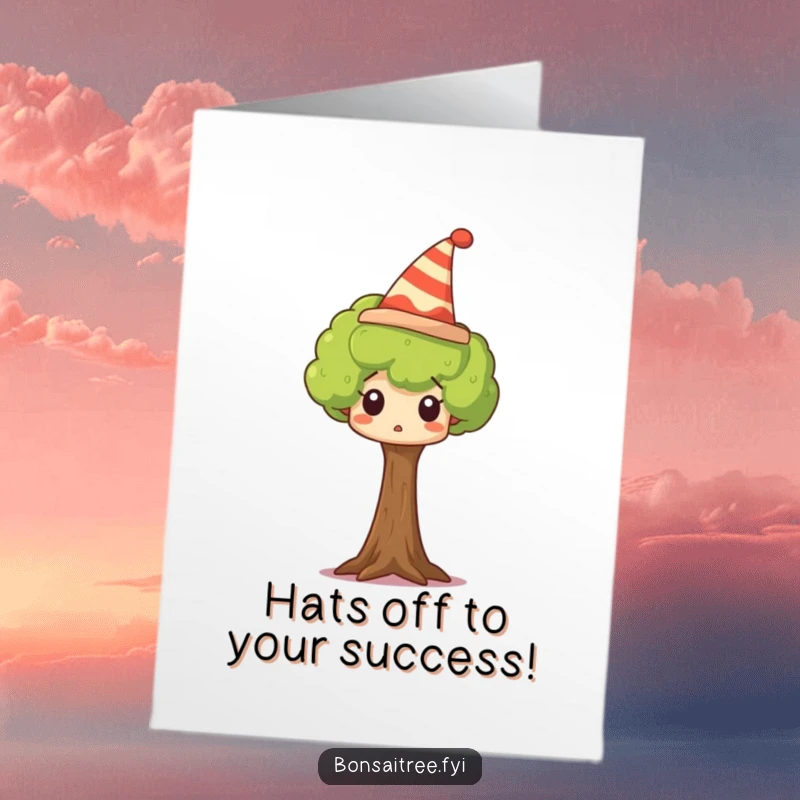 Funny free printable congratulations card: A small tree adorned with a comical hat, its expression a picture of hilarious surprise at their success.