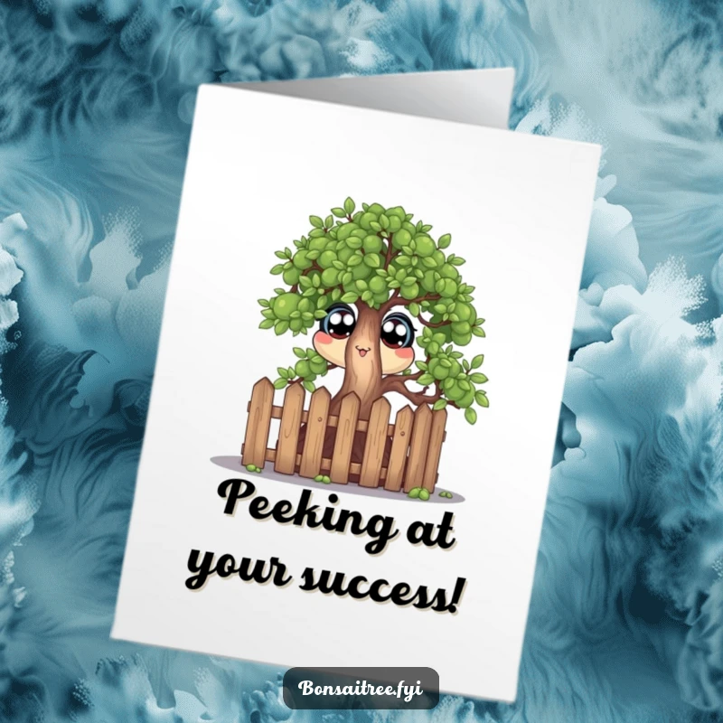 Funny Free Printable Congratulations Card: A bonsai tree peeking over a miniature fence with wide, amazed eyes.