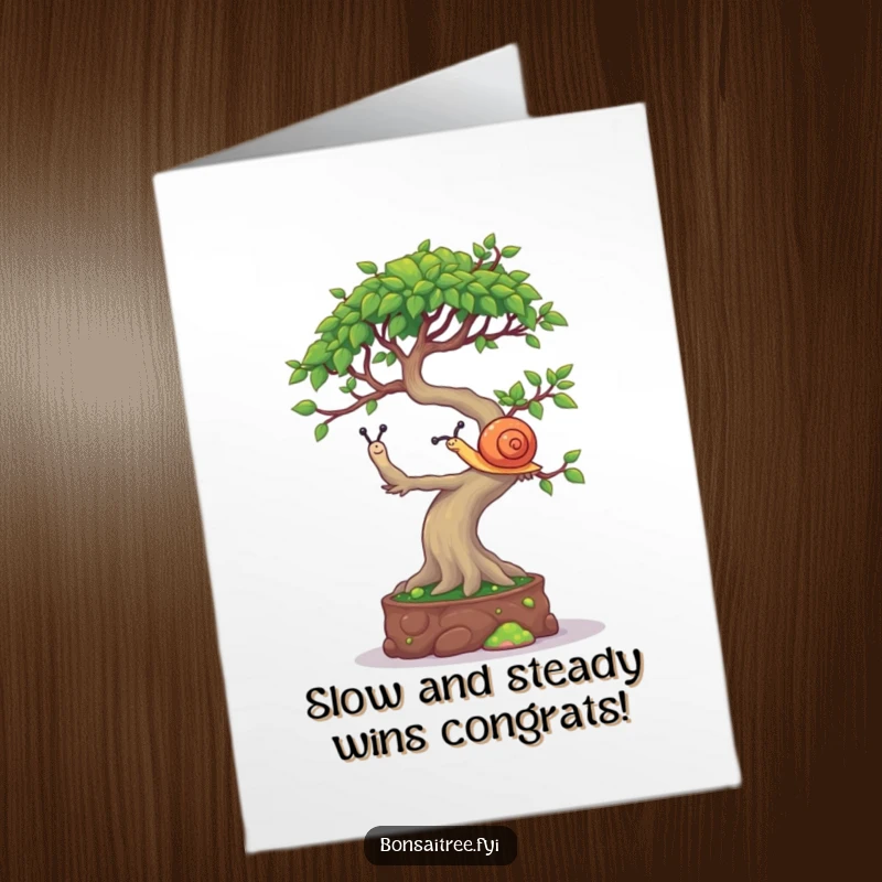 Funny Free Printable Congratulations Card: A bonsai tree character with a mischievous look balances a small snail.