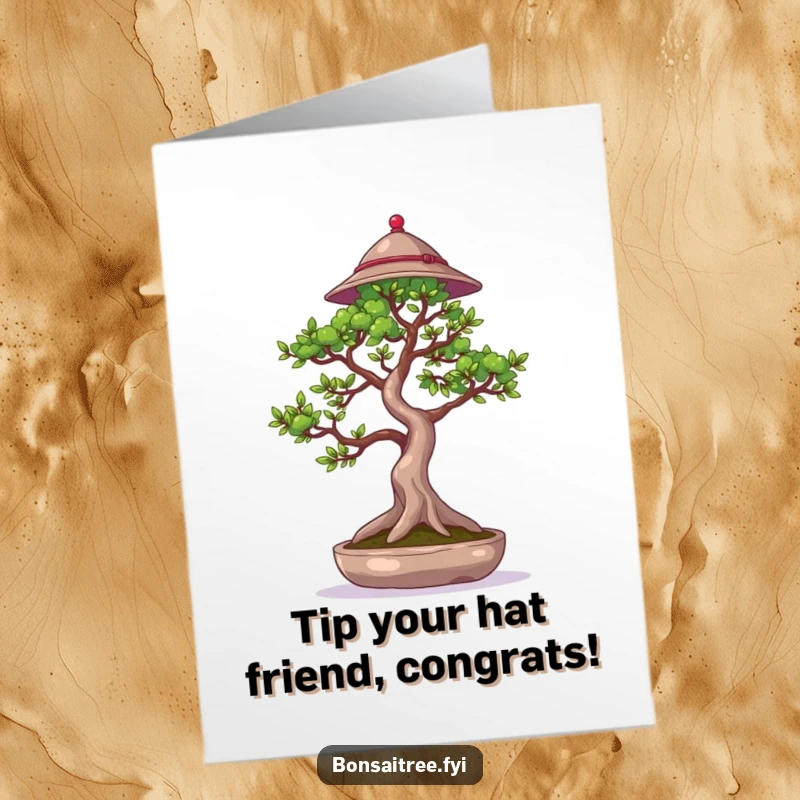 Funny Free Printable Congratulations Card: A bonsai tree in a tiny hat elegantly waves a branch, celebrating a special occasion.