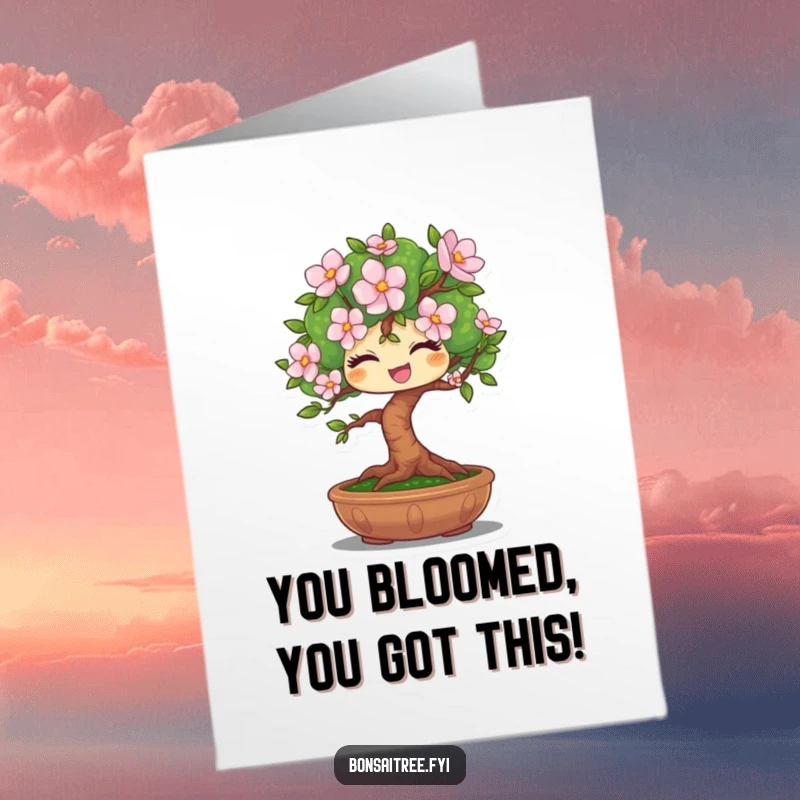 Funny Free Printable Congrats Card: Winking bonsai tree presents a perfect bloom, celebrating success with a cheerful and witty gesture.