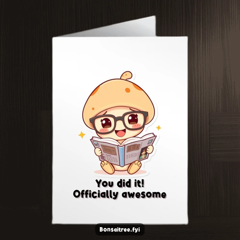 Funny Free Printable Congratulations Card: A studious mushroom character in spectacles, celebrating success with a comic.
