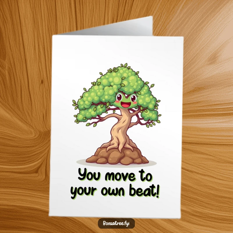 Funny Free Printable Congratulations Card: A happy bonsai tree dances with delight in a gentle breeze, celebrating success.