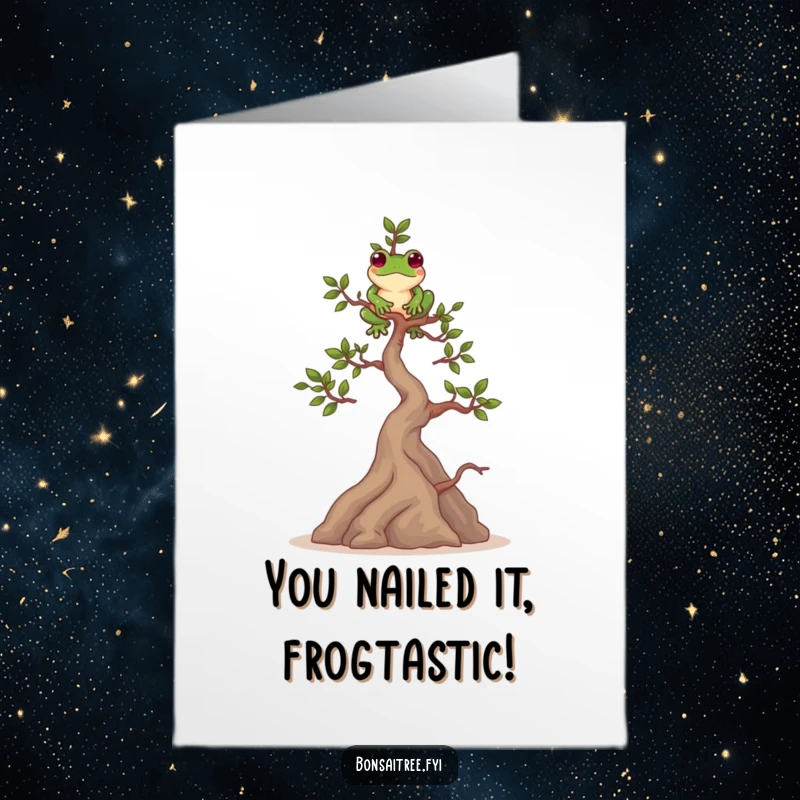 Funny Free Printable Congrats Card: Playful bonsai tree balances a frog, celebrating achievement with a quirky twist.
