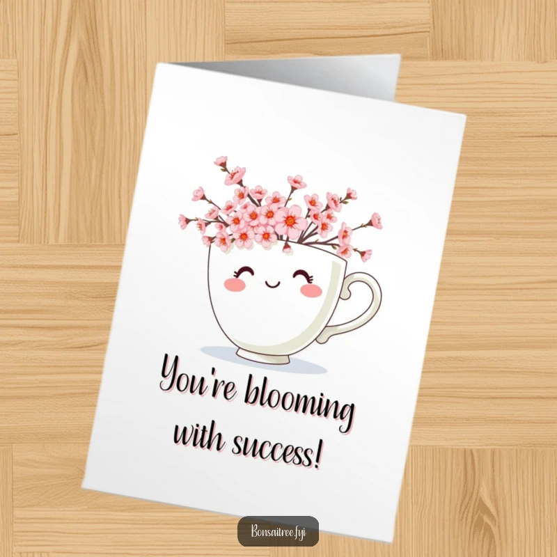Free Printable Congratulations Card: Adorable teacup character brimming with tiny cherry blossoms, symbolizing new beginnings and joy.