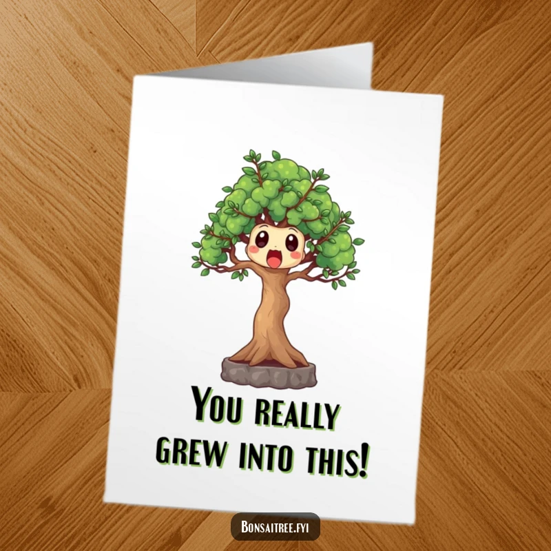 Funny Free Printable Congratulations Card showing a shocked bonsai tree with branches flailing in surprise at great news.