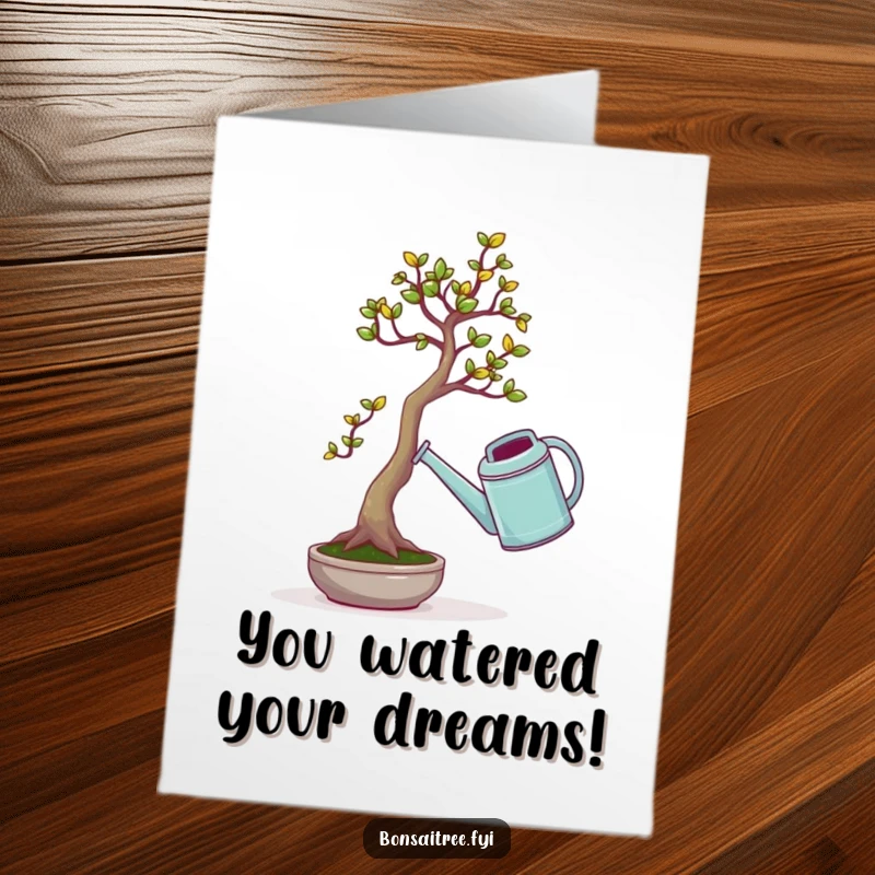 Funny Free Printable Congratulations Card: Tiny bonsai hilariously attempts to wield an oversized watering can in celebration.