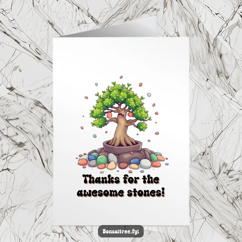 Funny Free Printable Thank You Card: Giggling bonsai tree spills tiny painted stones, a charmingly chaotic expression of thanks.