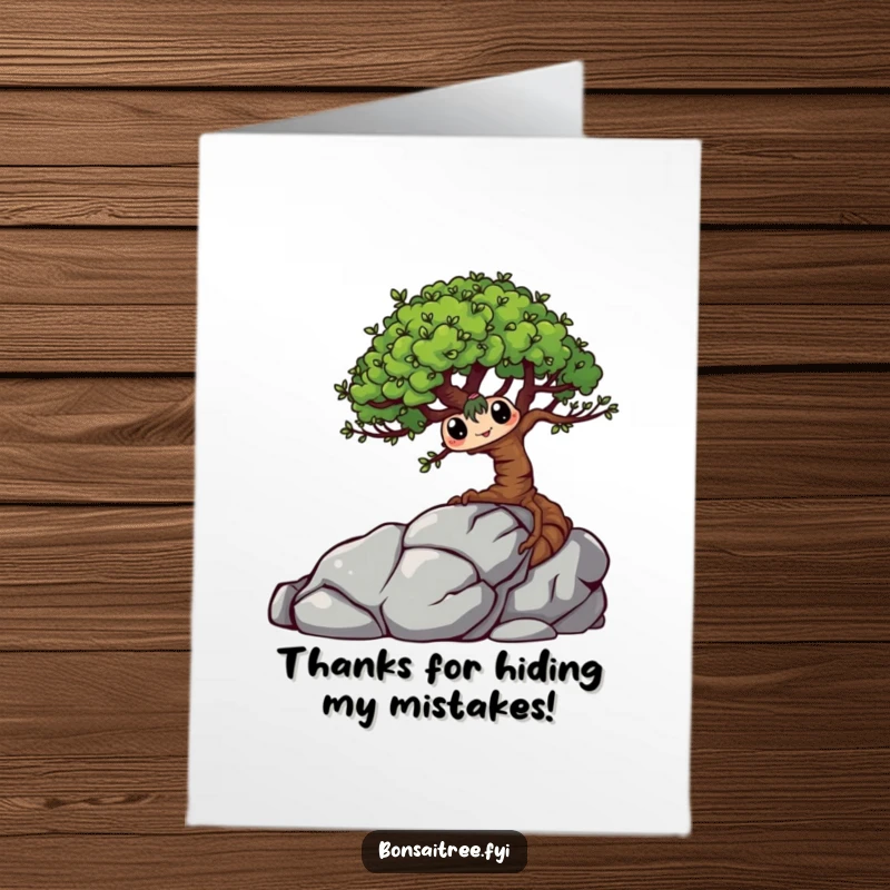 Funny Free Printable Thank You Card: a mischievous bonsai tree character humorously hiding behind a rock to give thanks.