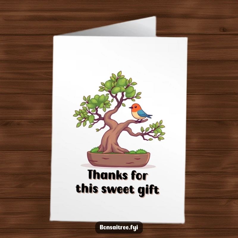 Funny Free Printable Thank You Card: A bonsai tree character balancing a small, colorful bird on its branch, smiling.