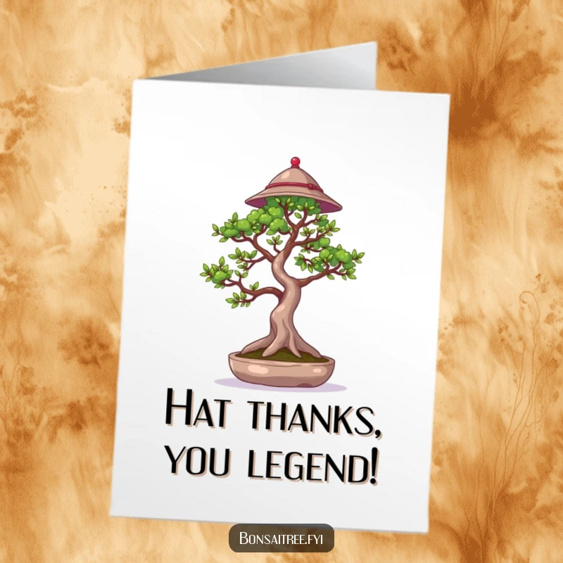 Funny Free Printable Thank You Card: A bonsai tree wearing a cute hat waves a delicate branch, offering thanks with sophistication.