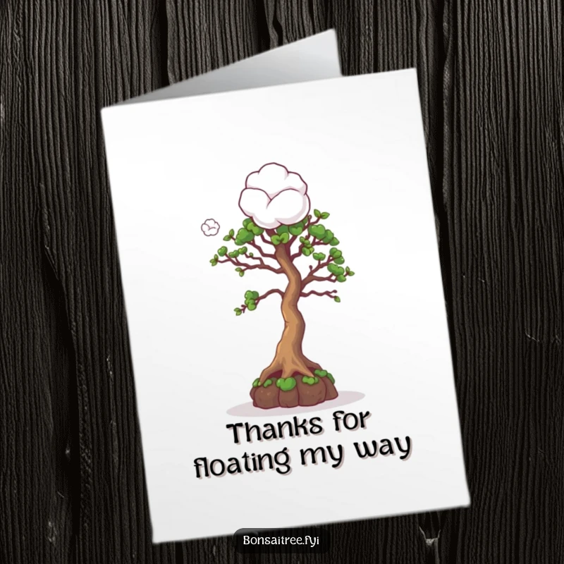 Funny Free Printable Thank You Card: A curious bonsai tree looks up at a floating cotton ball, sending thanks with a twinkle.