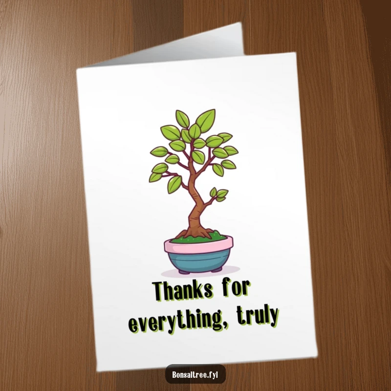 Funny Free Printable Thank You Card showing a smiling bonsai tree offering a single, perfect green leaf as thanks.