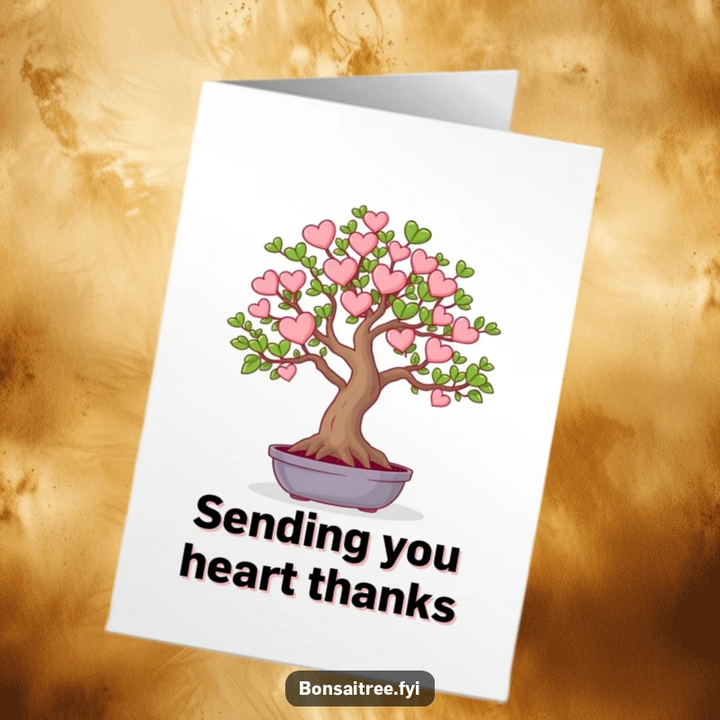 Funny Free Printable Thank You Card with a bonsai tree whose leaves are shaped like adorable little hearts.