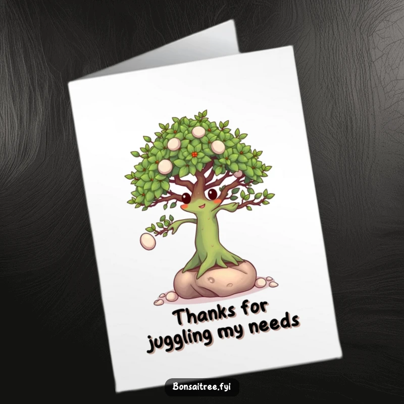 Funny Free Printable Thank You Card: A bonsai tree character demonstrating impressive pebble juggling skills.