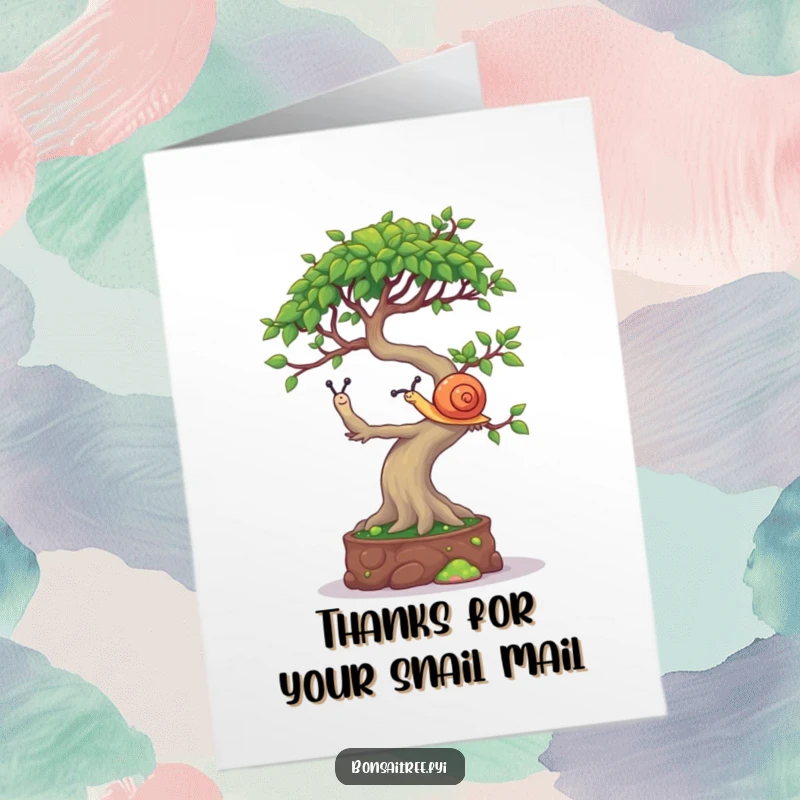 Funny Free Printable Thank You Card: A bonsai tree character humorously attempts to balance a tiny snail.