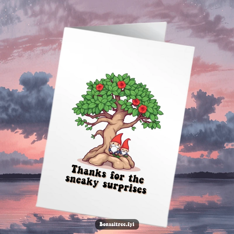 Funny Free Printable Thank You Card: Mischievous bonsai character winks, hiding a gnome, a playful way to say thank you.