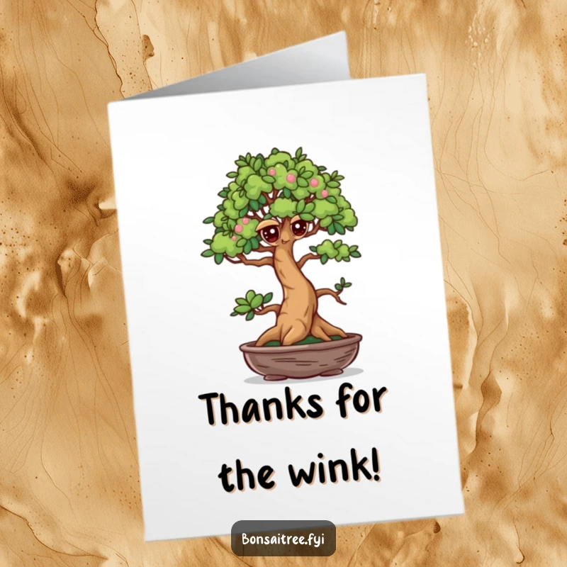 Funny Free Printable Thank You Card: A bonsai tree with mischievous eyes sending a cheeky wink, expressing thanks with a smile.