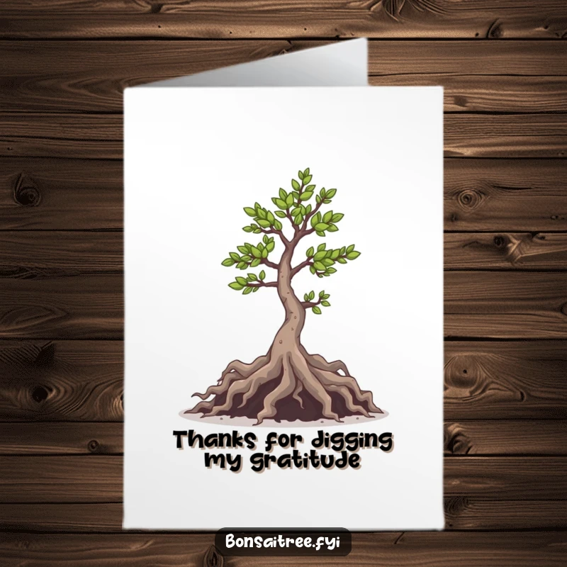 Funny Free Printable Thank You Card: A mischievous bonsai tree with roots playfully peeking out, expressing thanks.