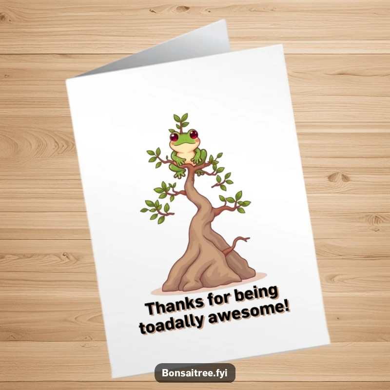 Funny Free Printable Thank You Card: Playful bonsai tree balances a frog, a charming way to express gratitude.