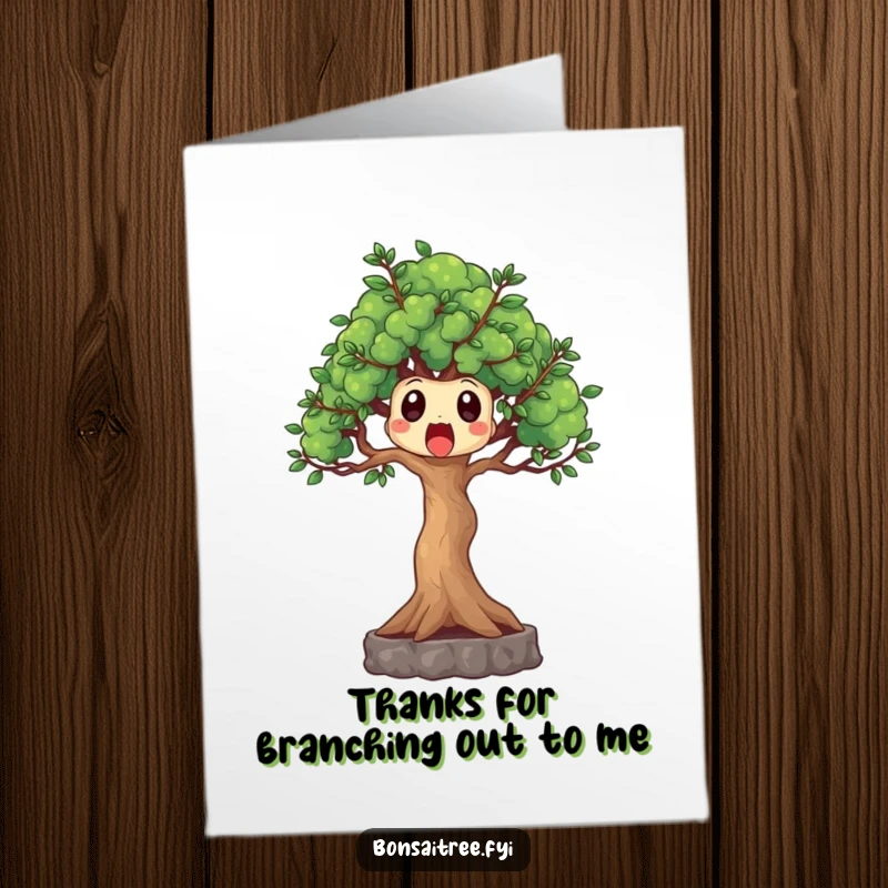 Funny Free Printable Thank You Card featuring a shocked bonsai tree with upward-reaching branches, expressing surprise and thanks.