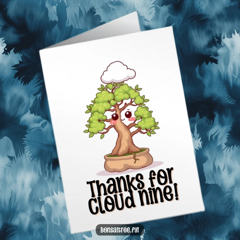 Funny Free Printable Thank You Card: A bonsai tree with a surprised face sprouts a tiny cloud, offering thanks with a comical expression.