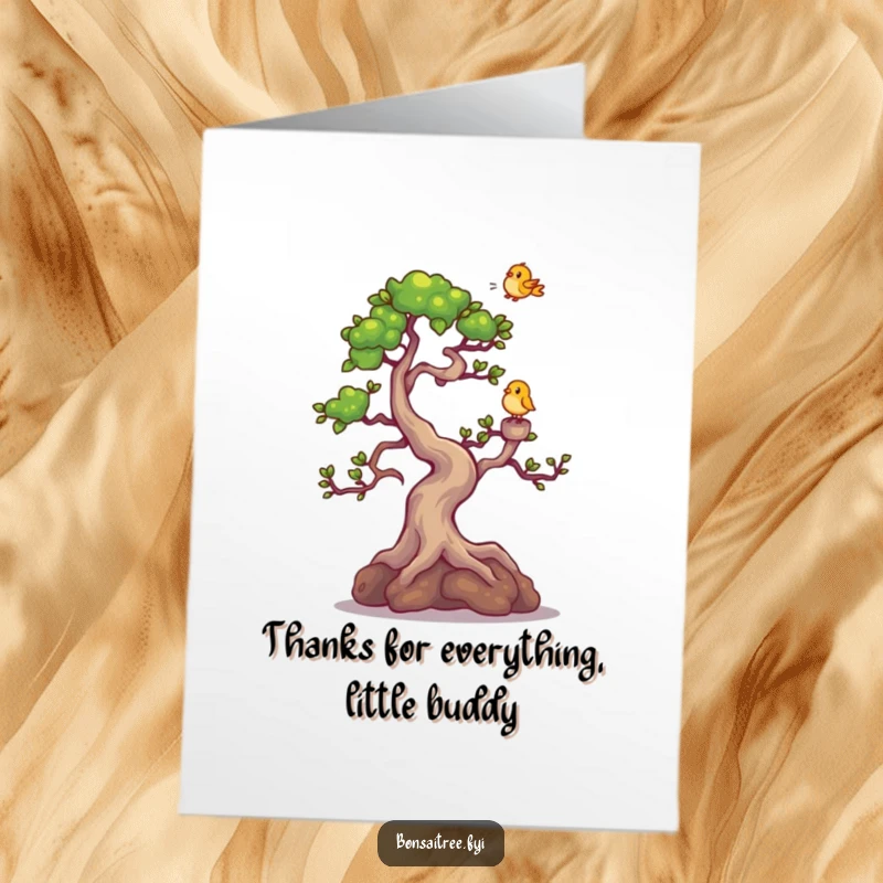 Funny Free Printable Thank You Card: Giggling bonsai tree character finds joy in a bird's landing.