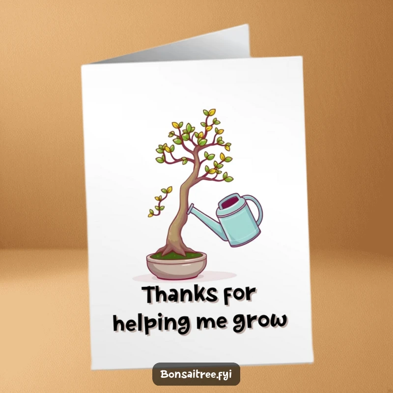 Funny Free Printable Thank You Card: A determined bonsai tries to lift a comically large watering can with thanks.