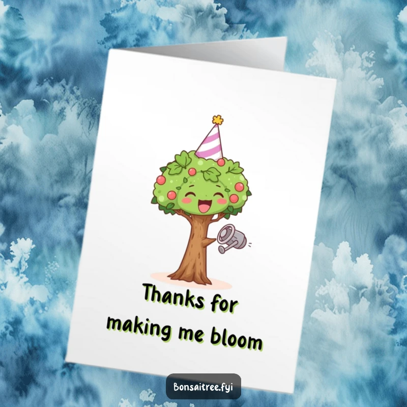 Funny Free Printable Thank You Card: A miniature bonsai wearing a party hat, joyfully dancing with a watering can.