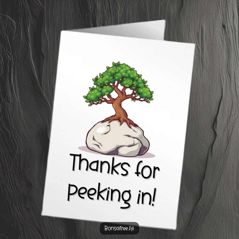 Funny Free Printable Thank You Card: A bonsai tree with inquisitive eyes peeks from behind a miniature rock, conveying thanks playfully.