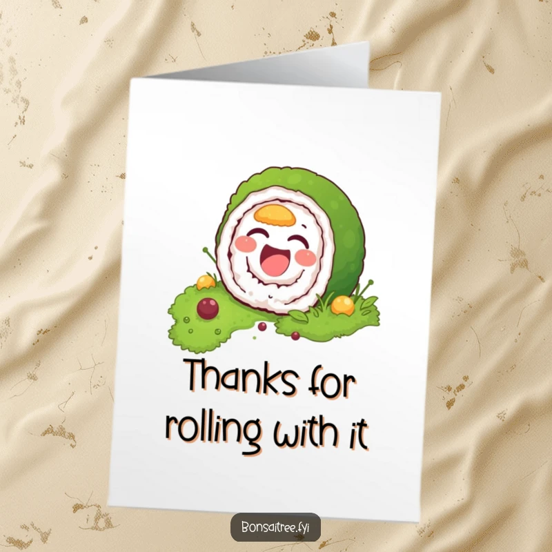 Funny Free Printable Thank You Card: A giggling sushi roll character partially hidden in green moss, offering a humorous thank you.