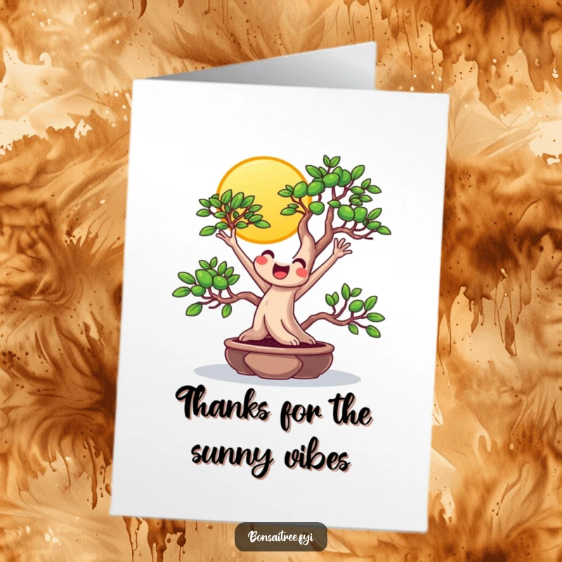 Funny Free Printable Thank You Card: Beaming bonsai character stretches towards the sun, expressing warm and sunny gratitude.